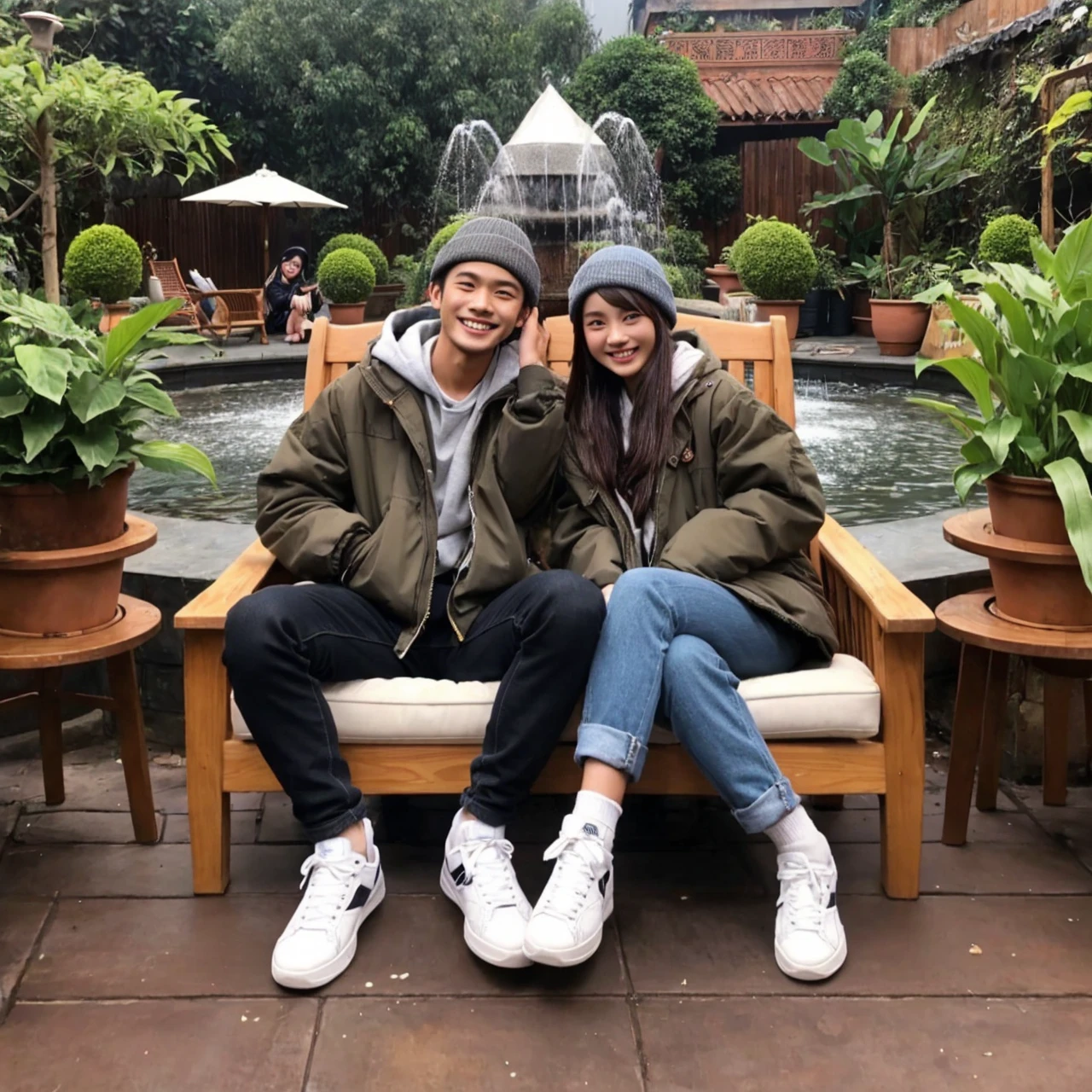a pair of Indonesian lovers with the man having an energetic body with short hair and the woman having long hair,wearing a thick jacket with white shoes and also wearing a beanie hat,sitting romantically on a garden chair,around it plants ,water fountain,smiling expression facing the camera,best photo,high quality,Photo taken from a long distance