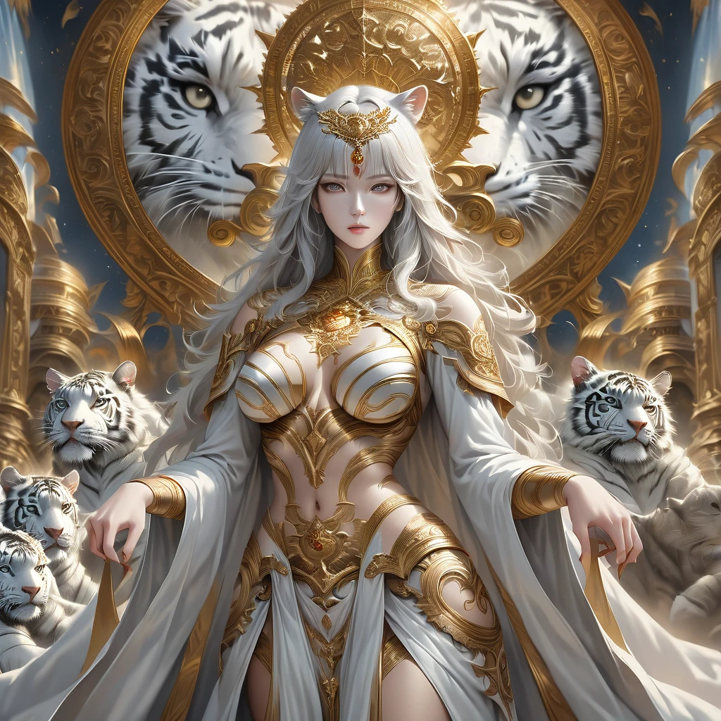 [intricate and detailed masterpiece of a goddess, realistic 4k image], the goddess is of human-feline race, she is decorated with intricate tiger tattoos, wearing a celestial outfit with golden embroidery, ( accompanied by her faithful companion the white tiger) in a heavenly place