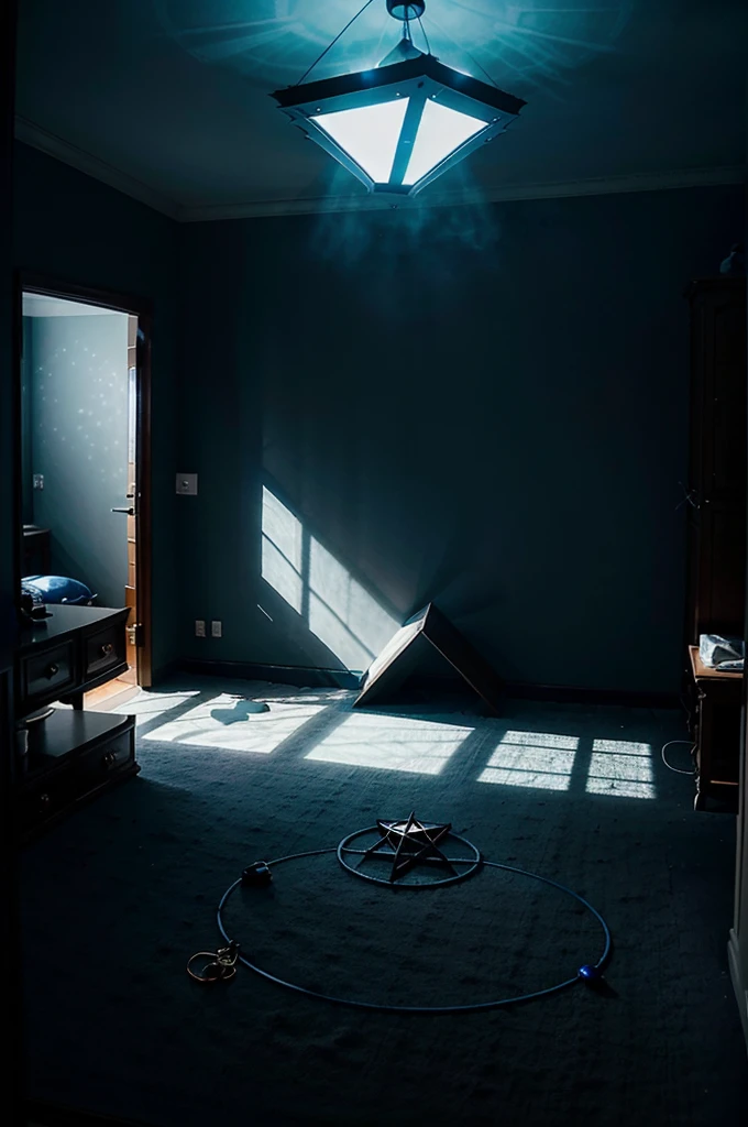 But on the floor of the room, I see a glowing blue pentagram magic circle.。Dimly lit room。Poor visibility。The haze is winning。
