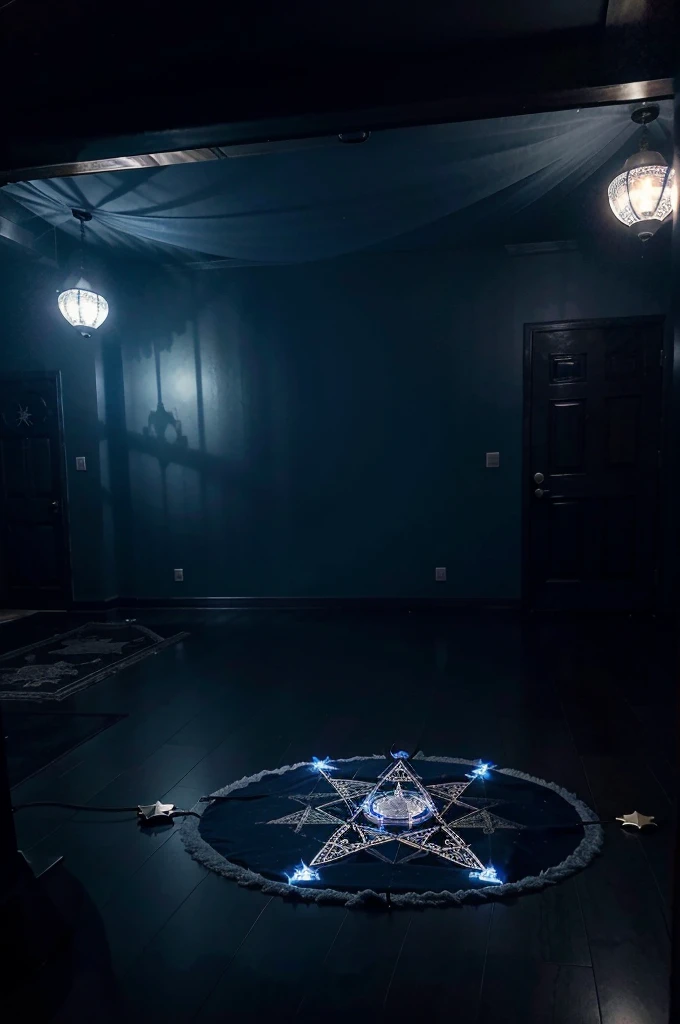 But on the floor of the room, I see a glowing blue pentagram magic circle.。Dimly lit room。Poor visibility。The haze is winning。