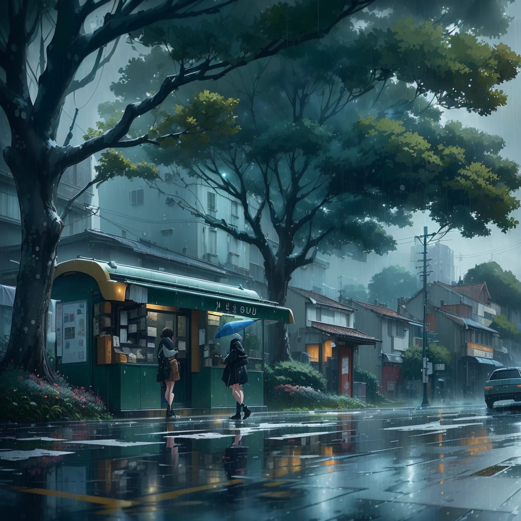 il y a une voiture qui roule dans la rue sous la pluie, Jour de pluie. rendu du jeu, sombre. par Makoto Shinkai, rendu d'octane. par Makoto Shinkai, greg rutkowski Makoto Shinkai, makoto Sinkai, Temps orageux. Makoto Shinkai, par Makoto Shinkai, par Makoto Shinkai, in style of Makoto Shinkai