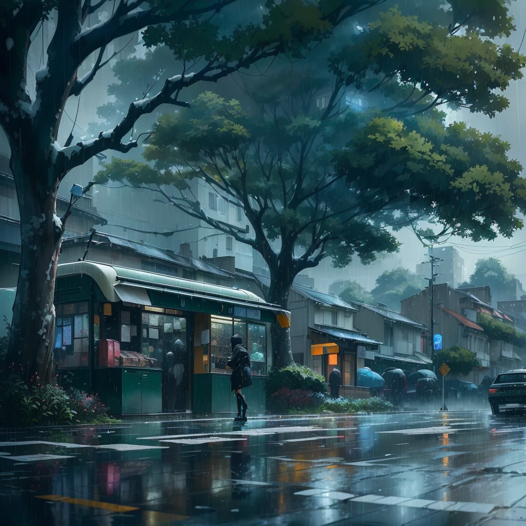 il y a une voiture qui roule dans la rue sous la pluie, Jour de pluie. rendu du jeu, sombre. par Makoto Shinkai, rendu d'octane. par Makoto Shinkai, greg rutkowski Makoto Shinkai, makoto Sinkai, Temps orageux. Makoto Shinkai, par Makoto Shinkai, par Makoto Shinkai, in style of Makoto Shinkai