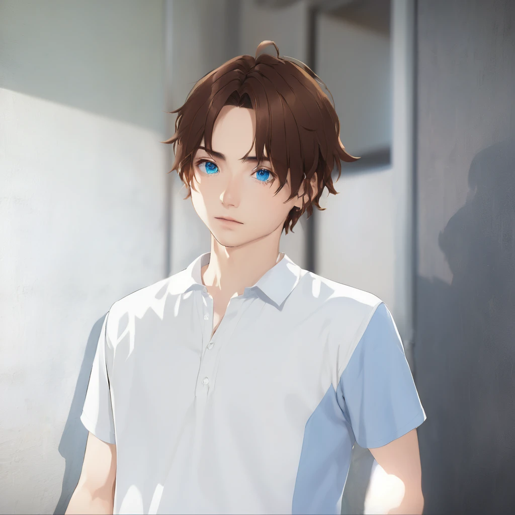 blue eyes and brown hair、Anime boy in a white shirt, Tall anime guy with blue eyes, Semi-realistic anime, In games, Smooth anime CG art, Anime Handsome Man, Semi-realistic anime, main character, Inspired by Hisui Sugiura, Male Anime Characters, He has short, curly brown hair, Visual Novel CG, Male characters, Young Anime Guy