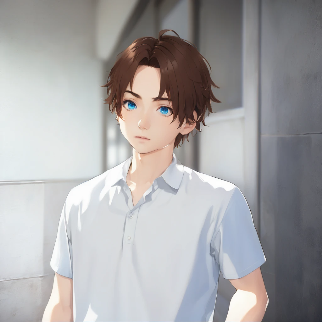 blue eyes and brown hair、Anime boy in a white shirt, Tall anime guy with blue eyes, Semi-realistic anime, In games, Smooth anime CG art, Anime Handsome Man, Semi-realistic anime, main character, Inspired by Hisui Sugiura, Male Anime Characters, He has short, curly brown hair, Visual Novel CG, Male characters, Young Anime Guy