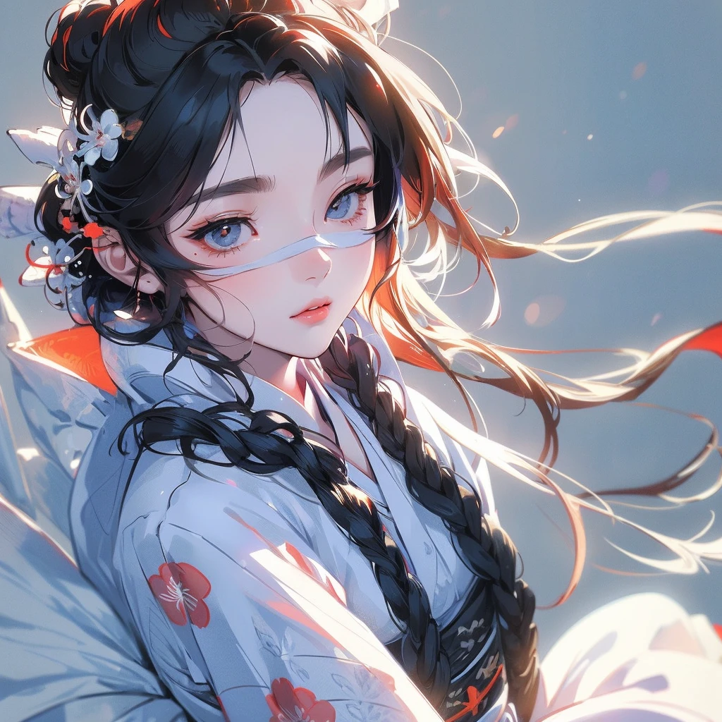 beautiful woman wearing white kimono, black blindfold cover her eyes, frosty, close shot,Masterpiece, kimono, professional, anime style, stylized, romantic, dreamy, simple plain background, hyper minimalism, surrealism), natural lighting, HD, 64K, dark background
