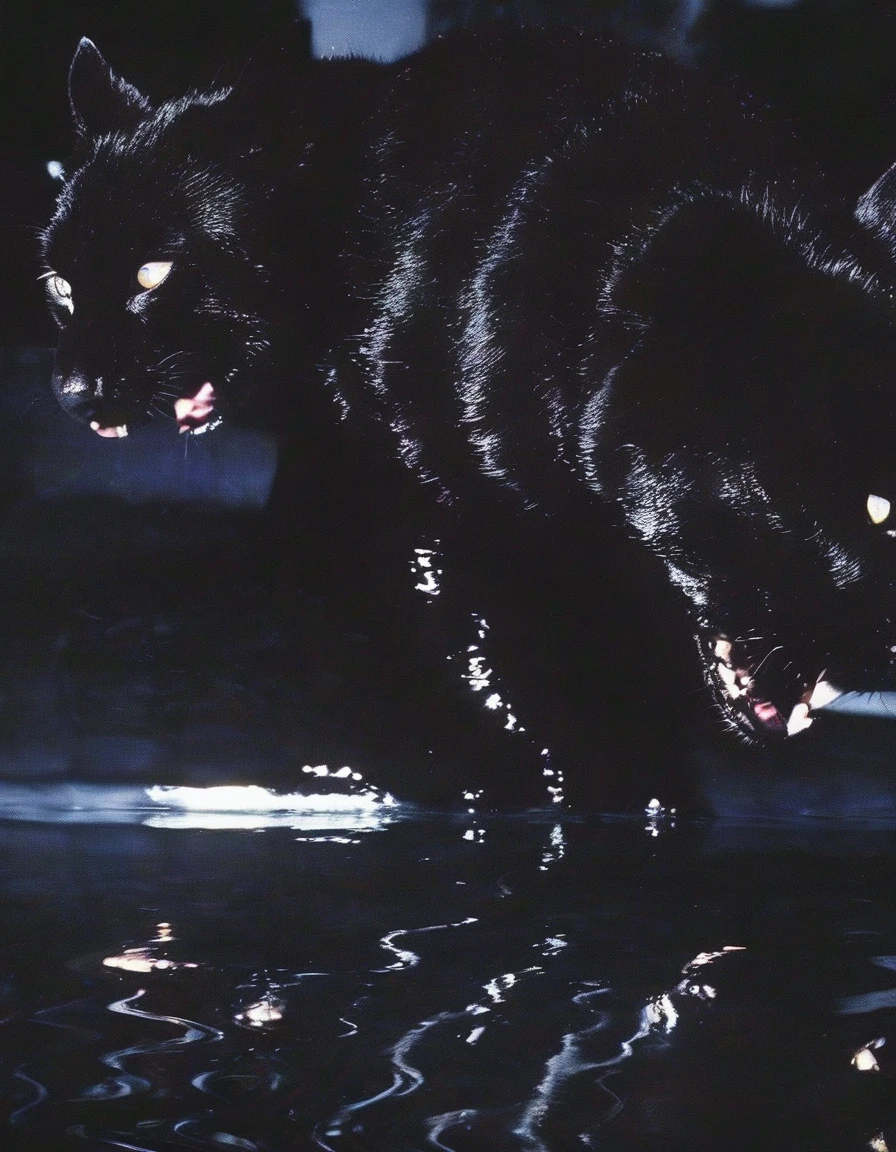 black cats in black water, sunset background
