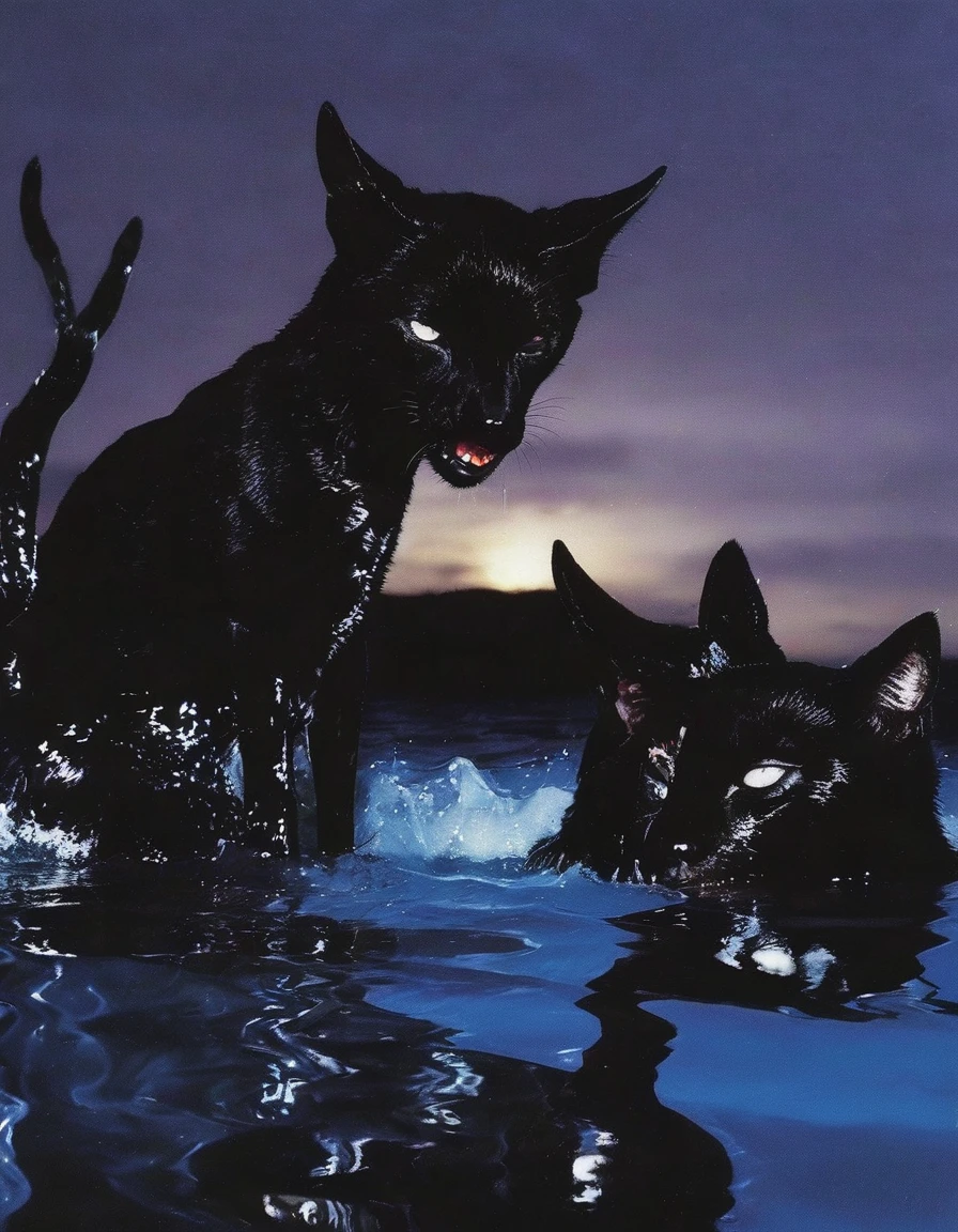 black cats in black water, sunset background