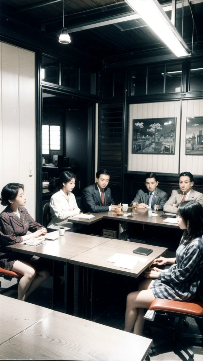 An office setting with American and Japanese officials discussing policies. The scene includes a mix of Western and Japanese styles, with a tense yet cooperative atmosphere. Late 1940s, sepia tone.

