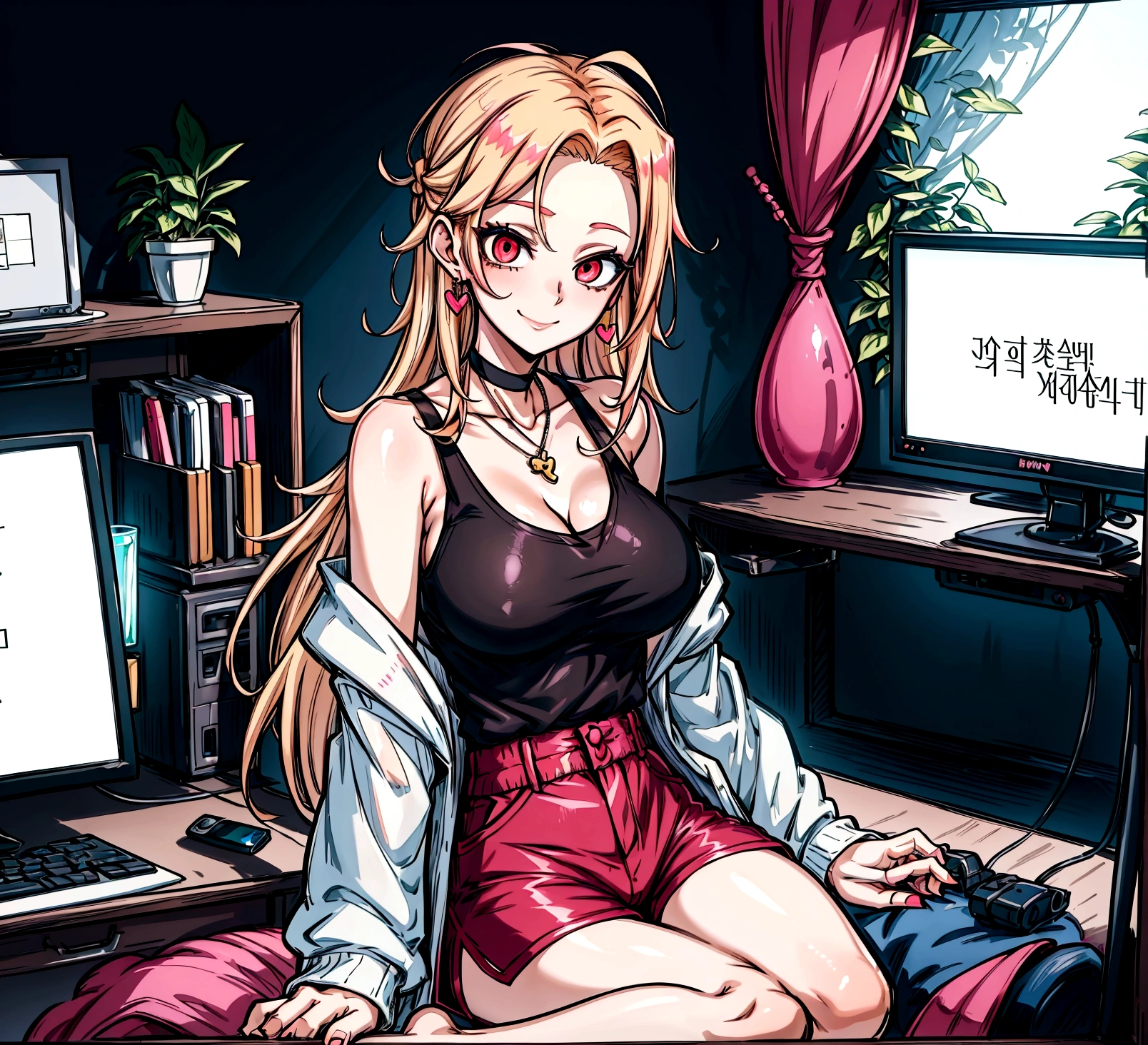 ((최고의 품질)), ((걸작)), (상세한), 여자 1명, Create an anime-style digital artwork of a character with long, straight, sleek blonde hair and bright red eyes. The character is wearing a white cardigan over a black tank top and dolphin shorts. She is accessorized with a pink heart pendant choker and long, decorative earrings. Her hair features a red heart hairpin on the side. The character is sitting in her room in front of a desktop computer, smiling warmly. The background should show a cozy room with soft lighting, with elements like a computer desk, monitor, and some personal items scattered around. The overall mood should be relaxed and inviting, capturing the essence of a casual day indoors.shiny forehead,slicked-back hair, forehead