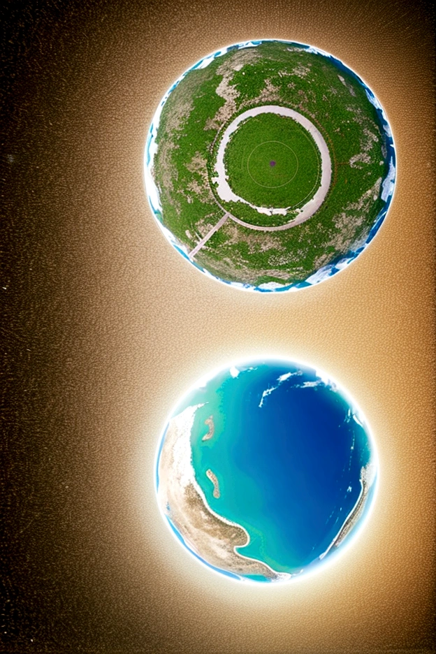 A picture of the flat earth viewed from a height of thousands of miles，In the center of the picture, there is a pillar that reaches straight to the heaven.