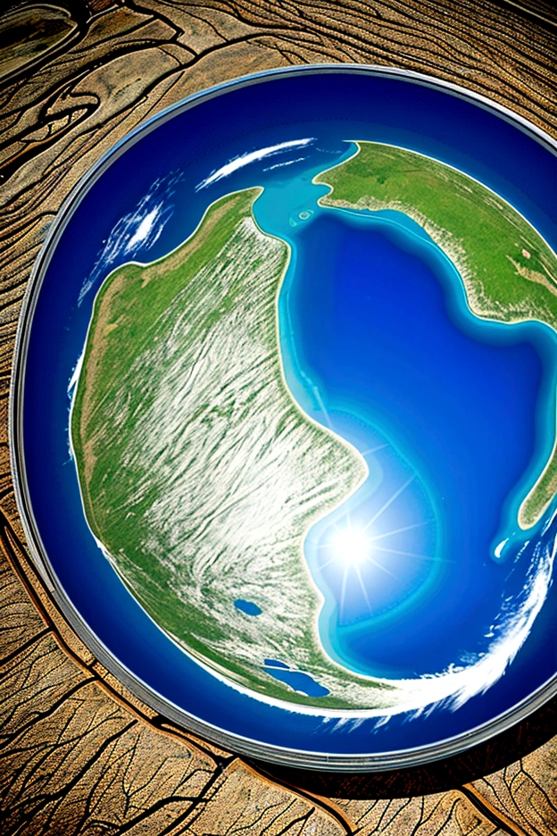 A picture of the flat earth viewed from a height of thousands of miles,In the center of the picture, there is a pillar that reaches straight to the heaven.