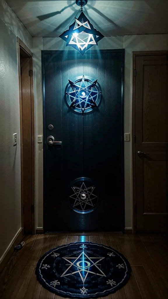 But on the floor of the room, I see a glowing blue pentagram magic circle.。Dimly lit room。Poor visibility。The haze is winning。door。
