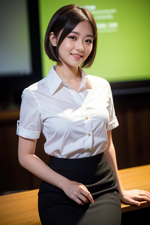 (A beautiful Japanese office lady, age 28, wearing formal White shirt with buttons & lime pencil skirt, delivering a speech at TED talk, friendly and feminine expressions, kind smile, dimpled chins, cute snaggle-tooth, short bob hair ponytail, symmetrical face, realistic detailed face, beautiful detailed eyes, perfect body proportions, ample round bosoms, photorealistic, hyper-realism, high contrast, ultra HD, realistic skin textures, top image quality, top-quality, super high resolution, fine details, very meticulously, masterpiece, head to knees, serene ambience, High Angle Shot, bokeh background) #Cici #CiciAi #TeamPositivity