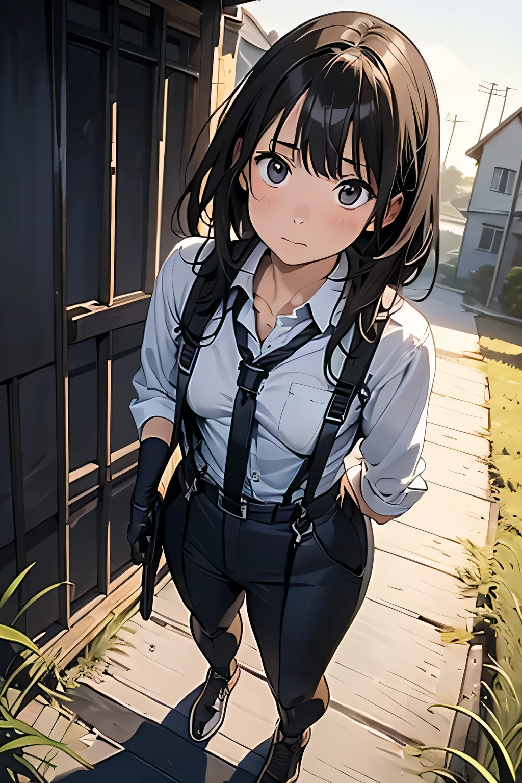 high quality, masterpiece, Ultra-high resolution, (realism: 1.4), Oil painting style, Cinema Lighting, An endless grassland dotted with a few houses, I stood on the empty asphalt road and looked at it., Fairy Mountain々was shrouded in mist, And the suspenders with the cranes flying Moderate breasts Small face holster Lying in bed Looking up Sweat belt summer 脇Sweat Black Hole Gloves suit shirt Black jacket Black trousers Leg Links ズボンにbelt holster Hands behind your back Anxious expression Looking up Anxious face