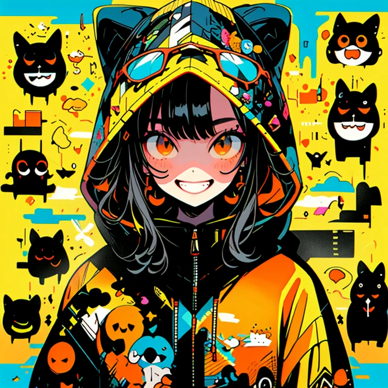 (Highest quality)One Girl,Black Hair,drooping eyes,bikini,hoodie,Huge 、Half Up,Grinning face,Orange sunglasses、whole body