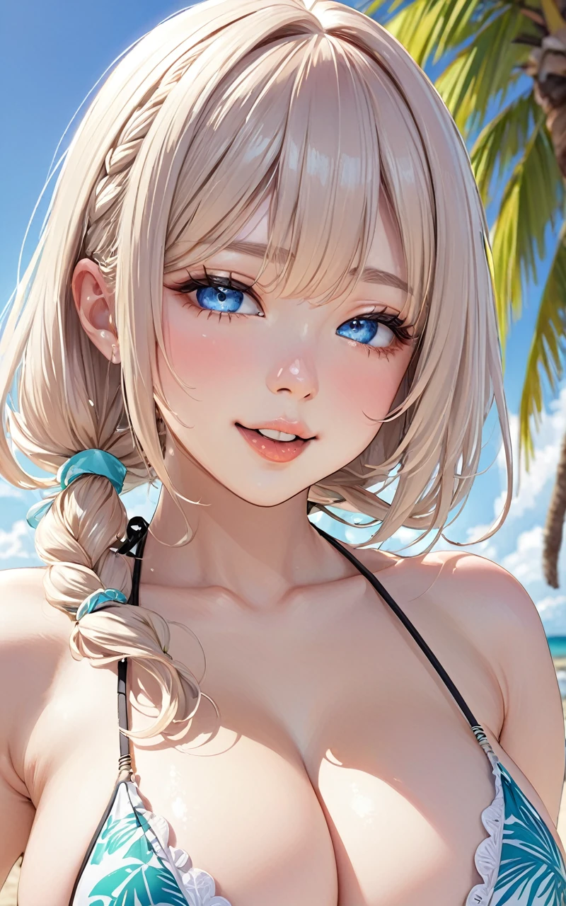 Highest quality、super high quality、16K, Delicious big breasts、Upper Body、The face is smiling and has tongue out, The outfit is a bikini、The location is the beach、 Palm tree、cloud、The pose is with tongue out、 Hair color is random、Hair length is short、Angle from below、Close-up shot of the subject、Small face、Very delicate facial expressions、Delicate eye depiction、Highly detailed hair、Erotic、18-year-old female、Glowing Skin、Soft Skin、