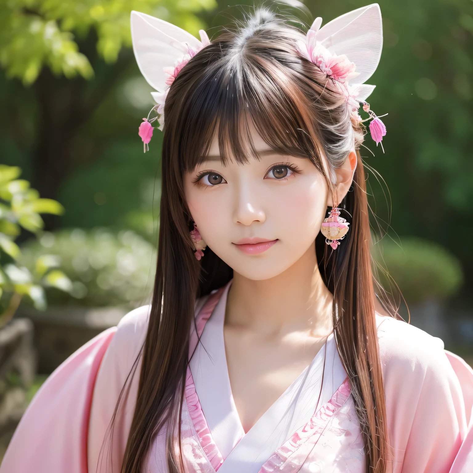 A picture of a Japanese love fairy looking straight ahead。With a pretty face、Image of a woman wearing pink clothing and accessories。high resolution。
