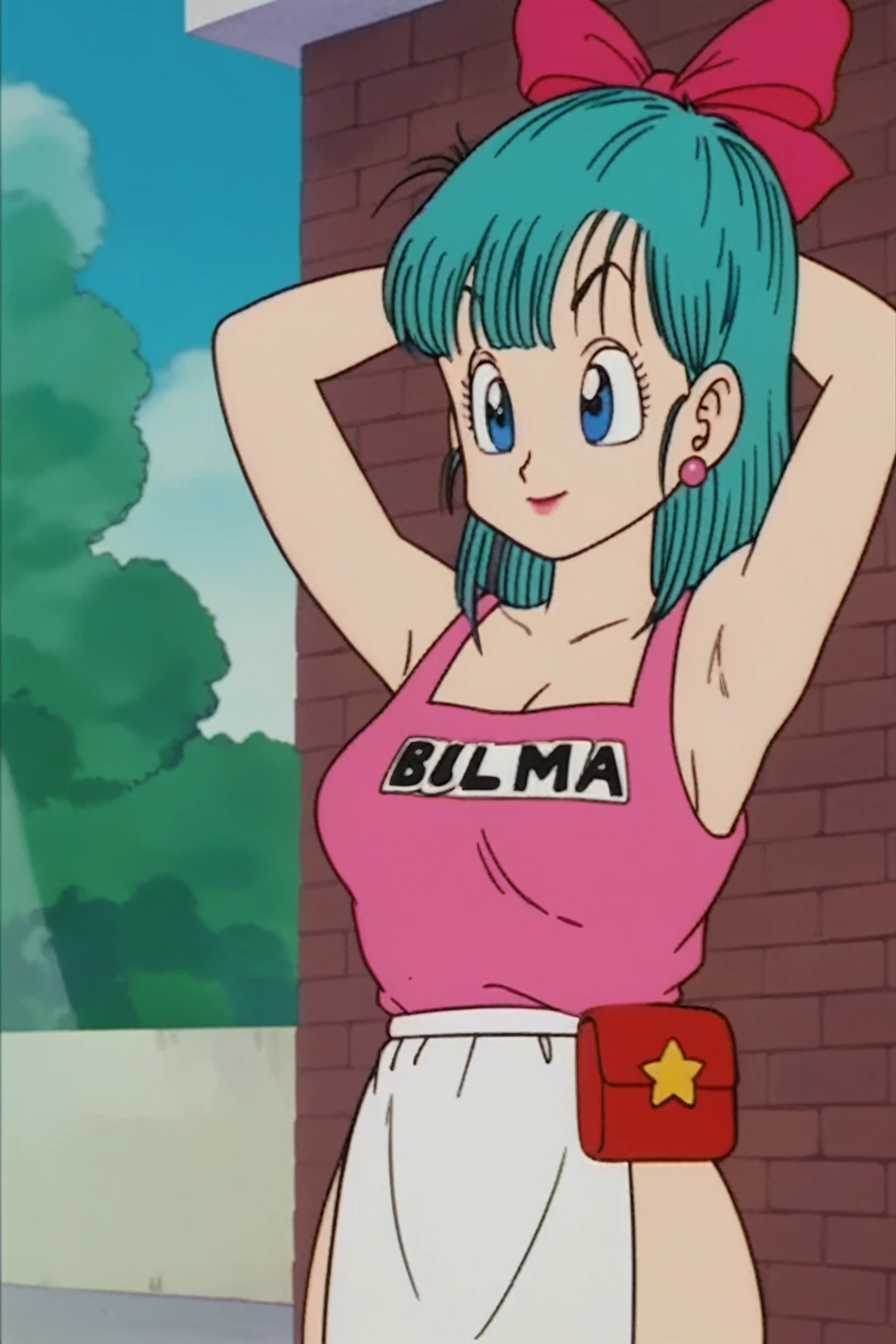 source_anime, score_9, score_8_up, score_7_up, anime screencap, bulma \(dragonball\), aged_up, brick wall, blue skies, 1girl, solo, medium hair, blue eyes, jewelry, earrings, outdoors, sleeveless, tree, aqua hair, retro artstyle, 1990s \(style\), ((((nude showing bib boobs))))(((hands above showing armpits)))), right arm down, looking at the viewer, medium breasts, upper body, smile, standing,((((naked bib boobs))))(((((((((different image))))))))))