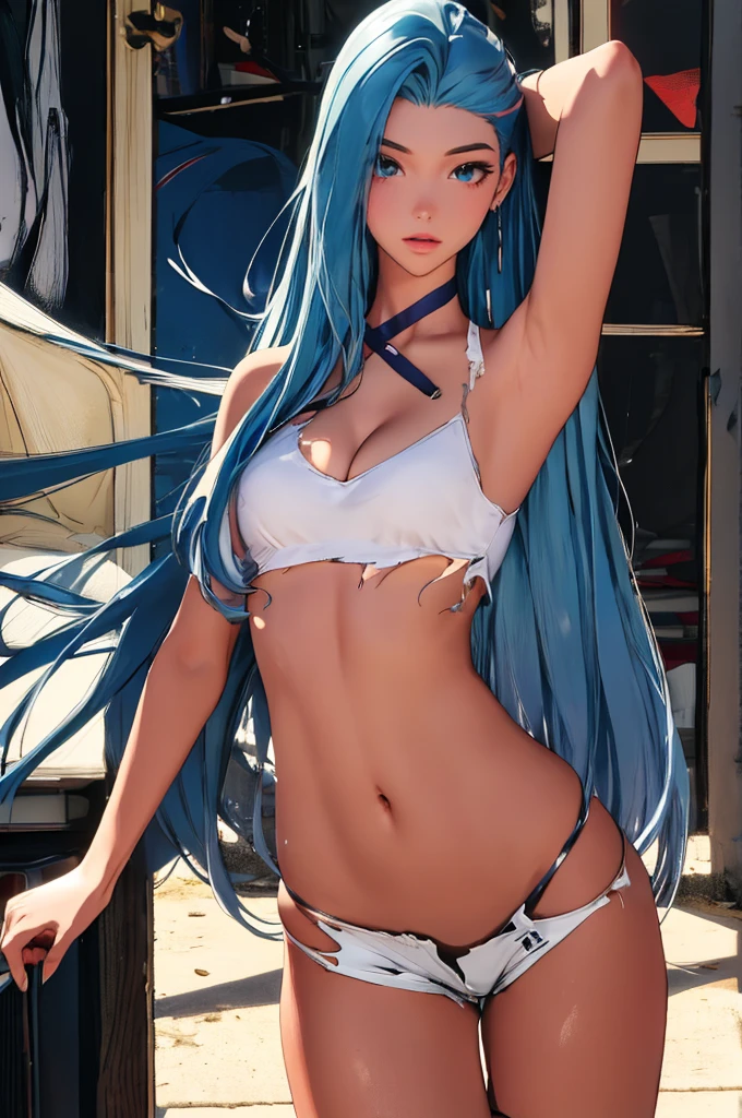 (best quality: 1.2), clean face, (masterpiece: 1.2, 8k) perfect anatomy, 1girl,a beautiful fashion model ,(masterpiece, official art, best quality ,long and shiny hair, blue hair with streaks in hair, long hair, full lips, slender body, slim body big breasts, looking at viewer, revealing outfit, absurdity, intricate details, dynamic pose, club, , wearing short shorts and a tight white top, cleavage, torn clothes, thong straps
