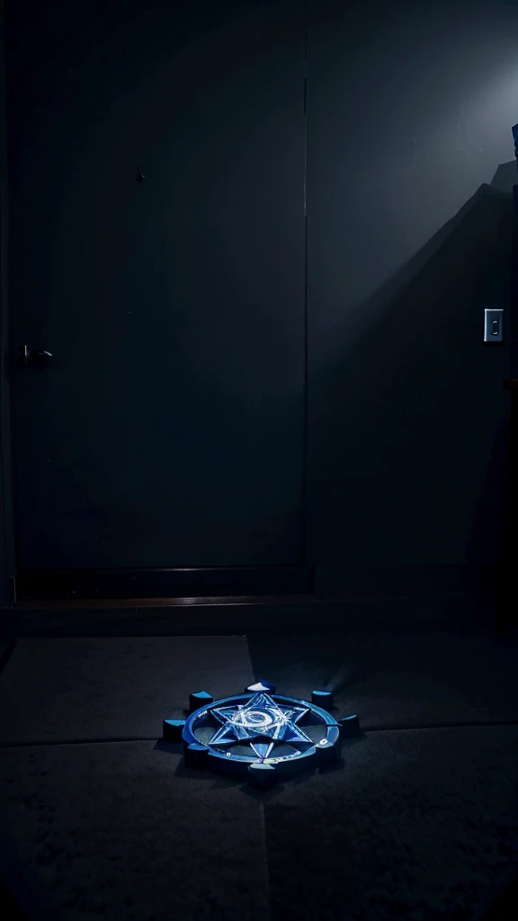 A glowing blue hexagram magic circle is visible on the floor of the room.。Dimly lit room。Poor visibility。The haze is winning。door。
