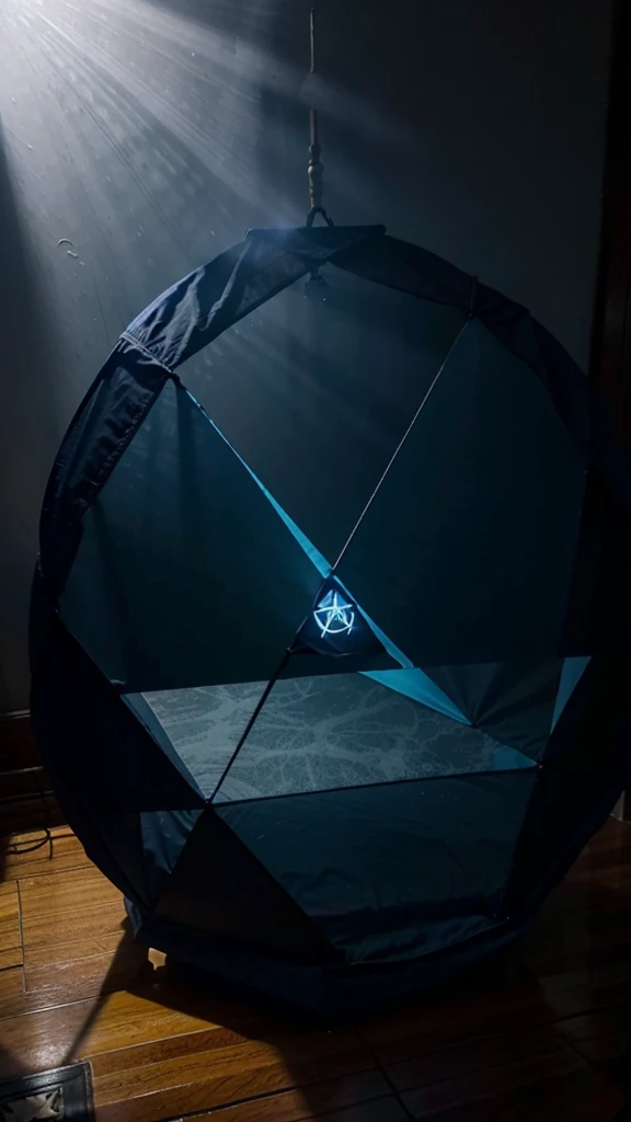 A glowing blue hexagram magic circle is visible on the floor of the room.。Dimly lit room。Poor visibility。The haze is winning。door。