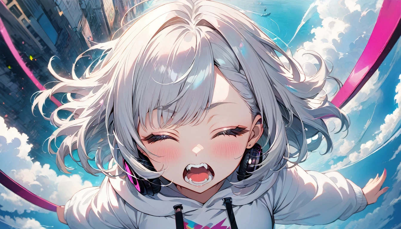 ((Masterpiece)), ((best quality)), (Anime:1.3), (super detail:1.2), (High Definition:1.3), (Professional Photography:1.3), cute young Girl, Glossy unruly hair, (loose swept bangs), (silver ash hair), medium hair, big eyes, (Eye bags:1.3), (Long eyelashes), colorful eyes, (closed eyes:1.5), (screaming into the sky:1.3), Glossy lips, (jagged teeth), ((white hoodie with oversized)), barearms, cute, (colorful:1.3), gothic makeup, wearing headphones,(from above:2),