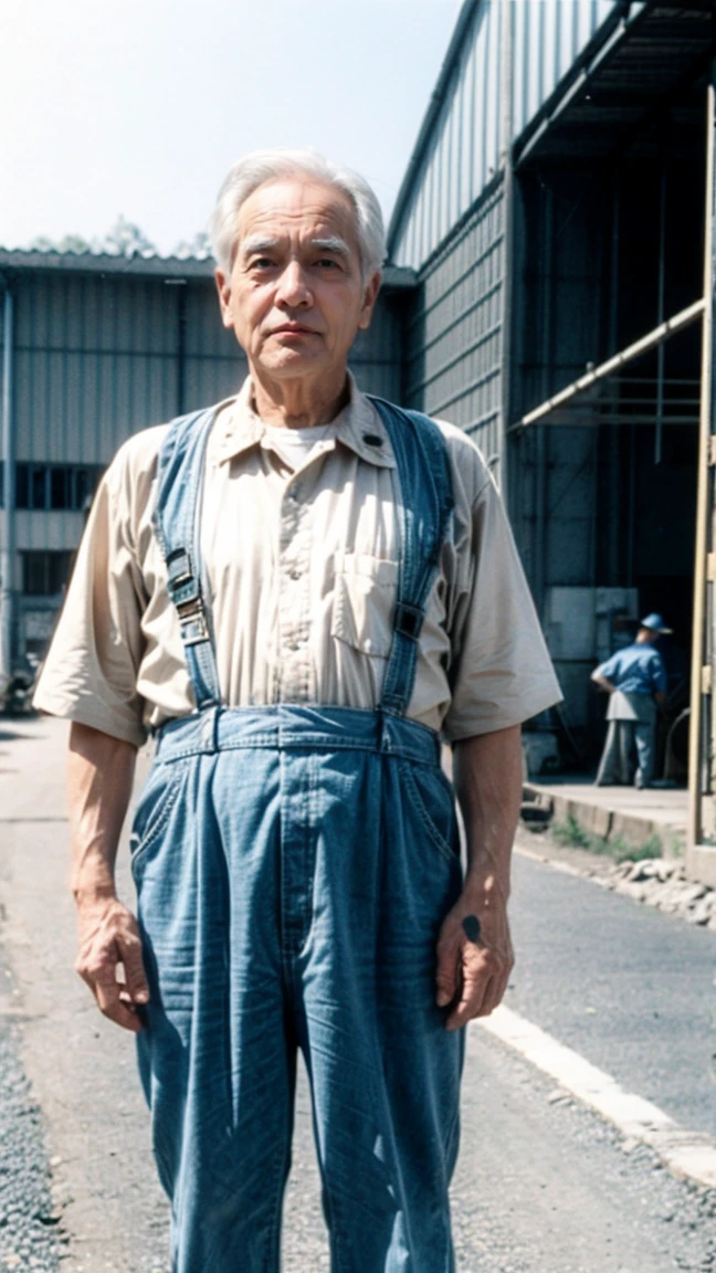 An older man with a determined expression, standing in front of a factory with the Panasonic logo. Workers and machinery in the background, indicating industrial activity. Early 1950s, sepia tone.