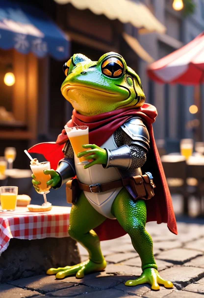 knight frog, Cool frog, Pop frog, Diorama, simple background, Bandana, to a restaurant, eats flies Brave, Cape, Best quality, Capture the sweetest moments, Depth of written border, Super detailed, ultra high Resolution, Octadale, 8k, 16km race