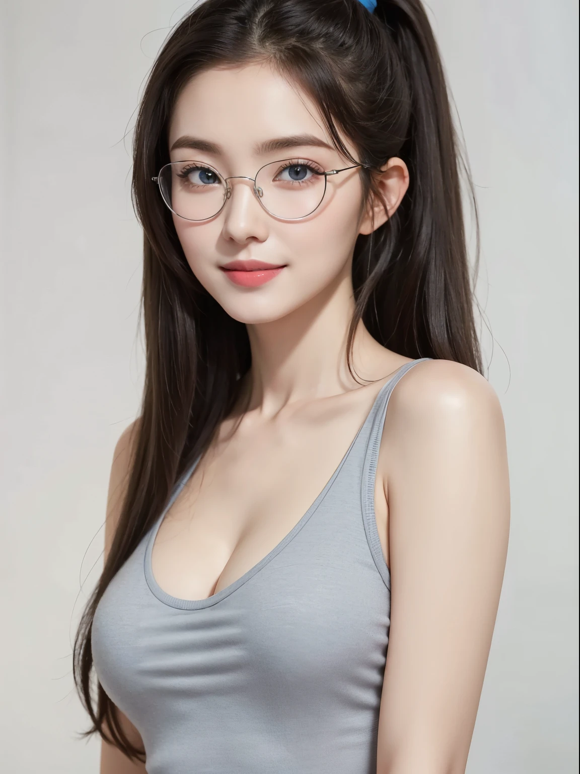 (Best quality, masterpiece, detailed), (RAW, 4k, hd images), 1 girl, , white skin, long hair, ponytail, layers hair, bangs, black hair, beautiful girl, cute girl, sweet girl, pretty girl, perfect girl, perfect body, pretty eyes, blue eyes, thin lips, (eye line, lip soft), perfect round breast, wayfare glasses, simple background, smile, waist, hips, grey tshirt, half body, modeling pose, free style pose, random angle camera, cleavage