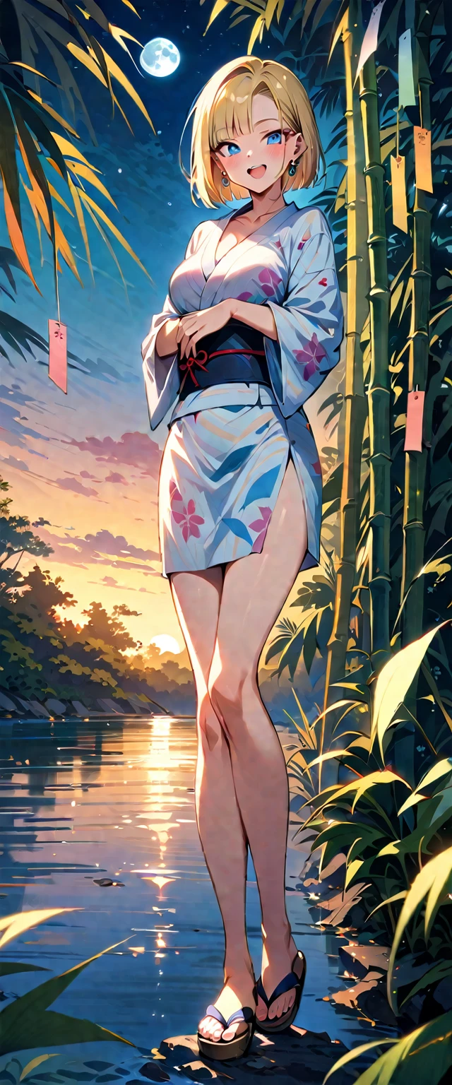 (masterpiece, best quality:1.2), 1girl, (solo), Android 18 from Dragon Ball, ((pastel kimono)), (standing), medium breasts, blunt bangs, short blonde hair, (blue eyes), earrings on earlobes, slim, slender feminine figure, skinny body, blush, sky, magnificent view, blur background, 4K, open mouth, river, smile, (own hands together), (Tanabata), night, moon, collarbone, cleavage, Japanese sandals, outside, a strip of paper, full body, bamboo forest,