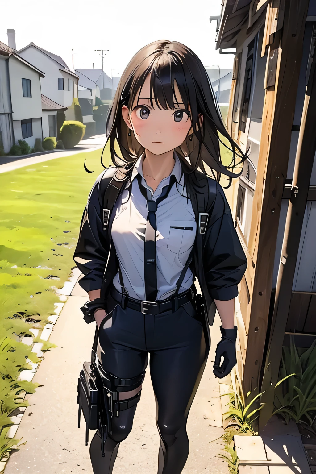 high quality, masterpiece, Ultra-high resolution, (realism: 1.4), Oil painting style, Cinema Lighting, An endless grassland dotted with a few houses, I stood on the empty asphalt road and looked at it., Fairy Mountain々was shrouded in mist, And the suspenders with the cranes flying Moderate breasts Small face holster Lying in bed Looking up Sweat belt summer 脇Sweat Black Hole Gloves suit shirt Black jacket Black trousers Leg Links ズボンにbelt holster Hands behind your back Anxious expression Looking up Anxious face