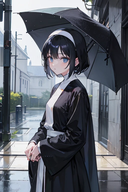 90s anime style。Location: Rainy Church。Boyish and dressed in a black nun's outfit、girl。