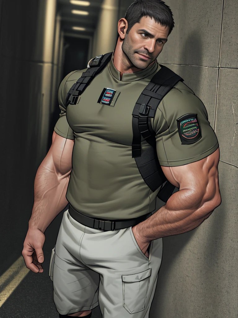 1 person, Solitary, 45 years old, chris redfield, Wearing a gray T-shirt, giggle, Shoulder black,bsaa logo on shoulder, Military tactical clothing, tall and big, Biceps, Abdominal muscles, Chest, best quality, masterpiece, high resolution:1.2, full body photo, Dark corridor with dark black background, Delicate face, shadow, Volumetric Lighting, Upper body photo, Low photographic angle,Short sleeve, under belly is naked, wearing only black socks(socks1.4), big foot