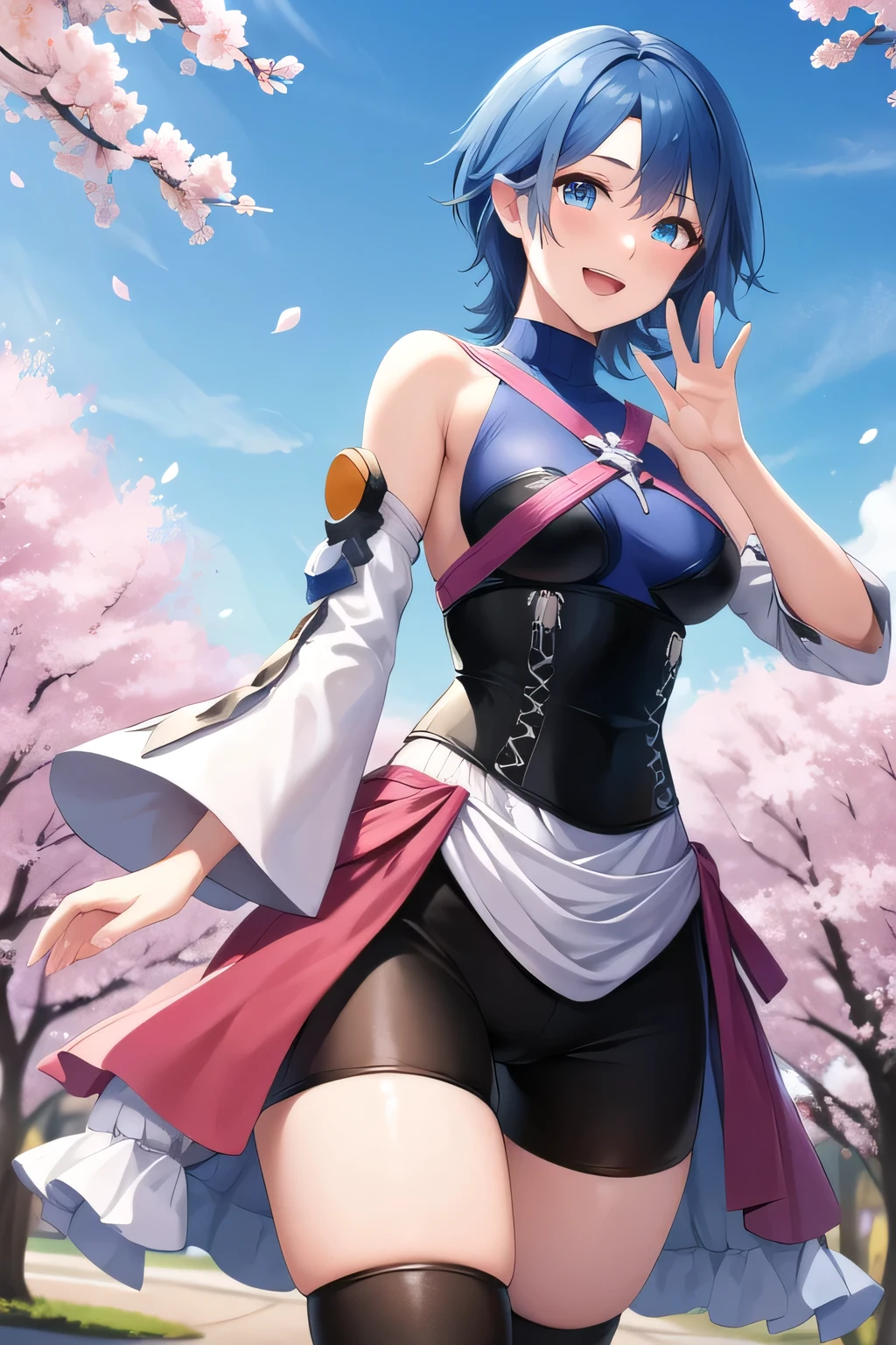 masterpiece, best quality, highres, aaaqua, short hair, blue hair, blue eyes, medium breasts, turtleneck, harness, blue shirt, detached sleeves, corset, black shorts, waist cape, black thighhighs, smile, open mouth, waving, standing, cowboy shot, cherry blossoms, outdoors,