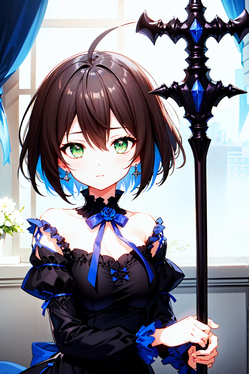 masterpiece, best quality, ultra-detailed, illustration, warm lighting, bright colors, 1girl,solo, short hair, black hair, green eyes, elizabeth_pendragon,



blue ribbon, ribbon, jewelry, ahoge, black dress, rose,


 