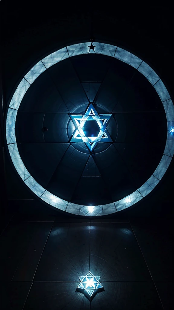 A glowing blue hexagram magic circle is visible on the floor of the room.。Dimly lit room。Poor visibility。The haze is winning。door。