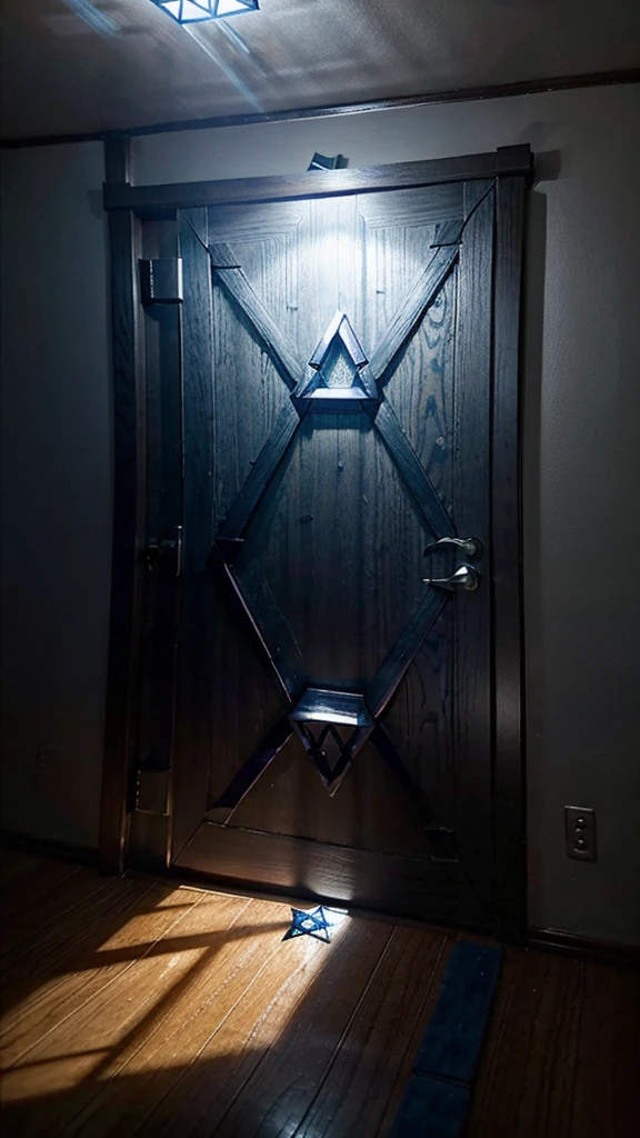 A glowing blue hexagram magic circle is visible on the floor of the room.。Dimly lit room。Poor visibility。The haze is winning。door。