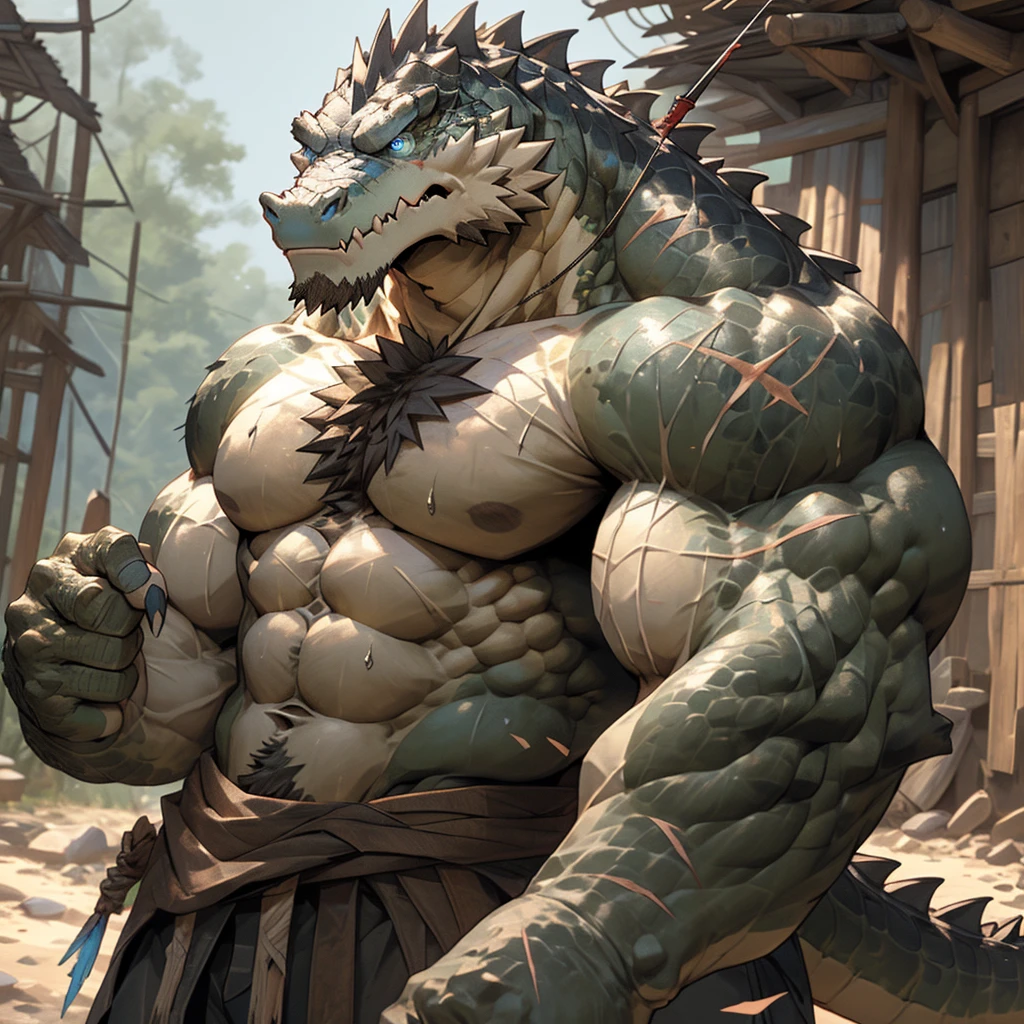 sweating a lot，muscular，Topless，Houses in the Stone Age，hairy，personification，chest hair，Serious face（scars in the face） Mature （blue eyes）Huge muscle ripped abs wild， Crocodile with tribal ambitions holding a bow and arrow