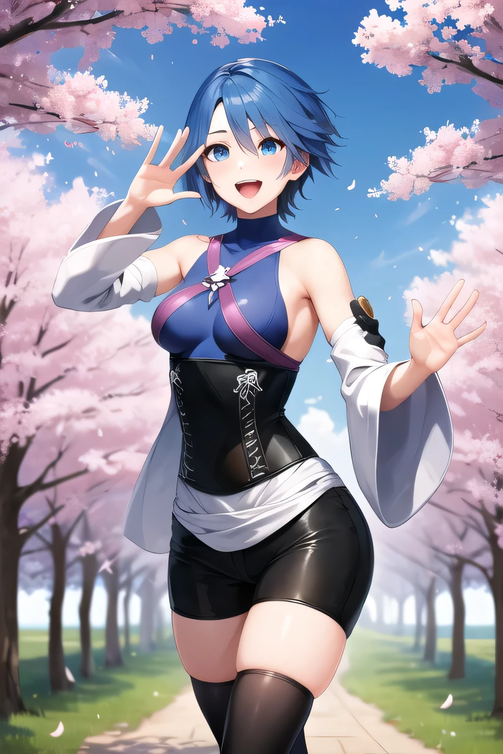 masterpiece, best quality, highres, aaaqua, short hair, blue hair, blue eyes, medium breasts, turtleneck, harness, blue shirt, detached sleeves, corset, black shorts, waist cape, black thighhighs, smile, open mouth, waving, standing, cowboy shot, cherry blossoms, outdoors,