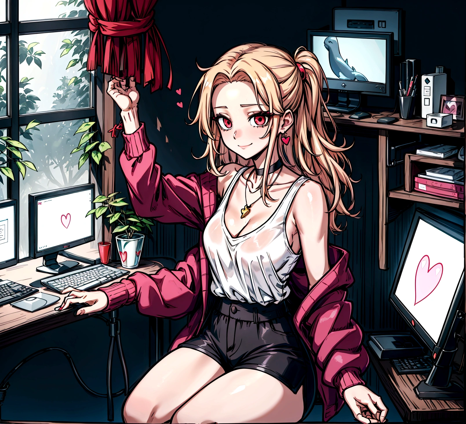 ((최고의 품질)), ((걸작)), (상세한), 여자 1명, Create an anime-style digital artwork of a character with long, straight, sleek blonde hair and bright red eyes. The character is wearing a white cardigan over a black tank top and dolphin shorts. She is accessorized with a pink heart pendant choker and long, decorative earrings. Her hair features a red heart hairpin on the side. The character is sitting in her room in front of a desktop computer, smiling warmly. The background should show a cozy room with soft lighting, with elements like a computer desk, monitor, and some personal items scattered around. The overall mood should be relaxed and inviting, capturing the essence of a casual day indoors.shiny forehead,slicked-back hair, forehead
