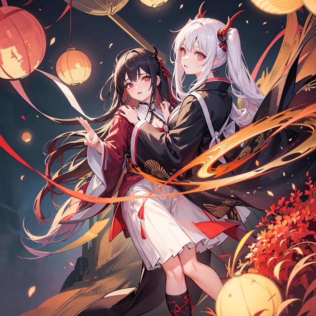 A beautiful ancient Japanese demon, hd, 8k, unreal engine, close face, kimetsu no Yaiba, Amidst the twilight sky, fireflies dance in a mesmerizing spectacle, casting a magical spell on the world., trending on artstation, sharp focus, studio photo, intricate details, highly detailed, red moon, meteor, 8k hd unreal engine, dreamy, frosty, flying lanterns