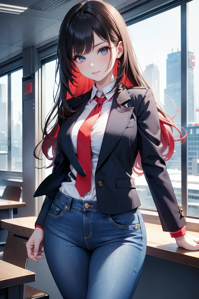 (Best quality, Masterpiece:1.2), Ultra detailed, 1girll, red tinted hair,Business suit,tiese,high-waist pants,Orange spiral eyes,blossoms,with black background,makima