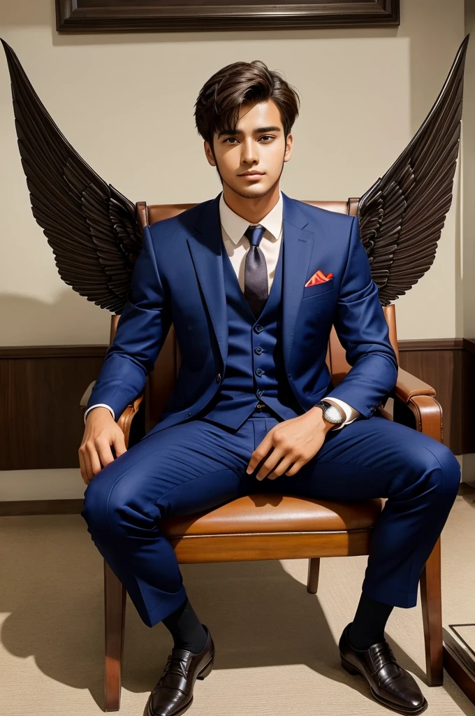 A handsome boy in suit  sitting on chair with wings attached to the chair. On the background of the chair, a word 'MANAS' is written in big letters

Anime style image