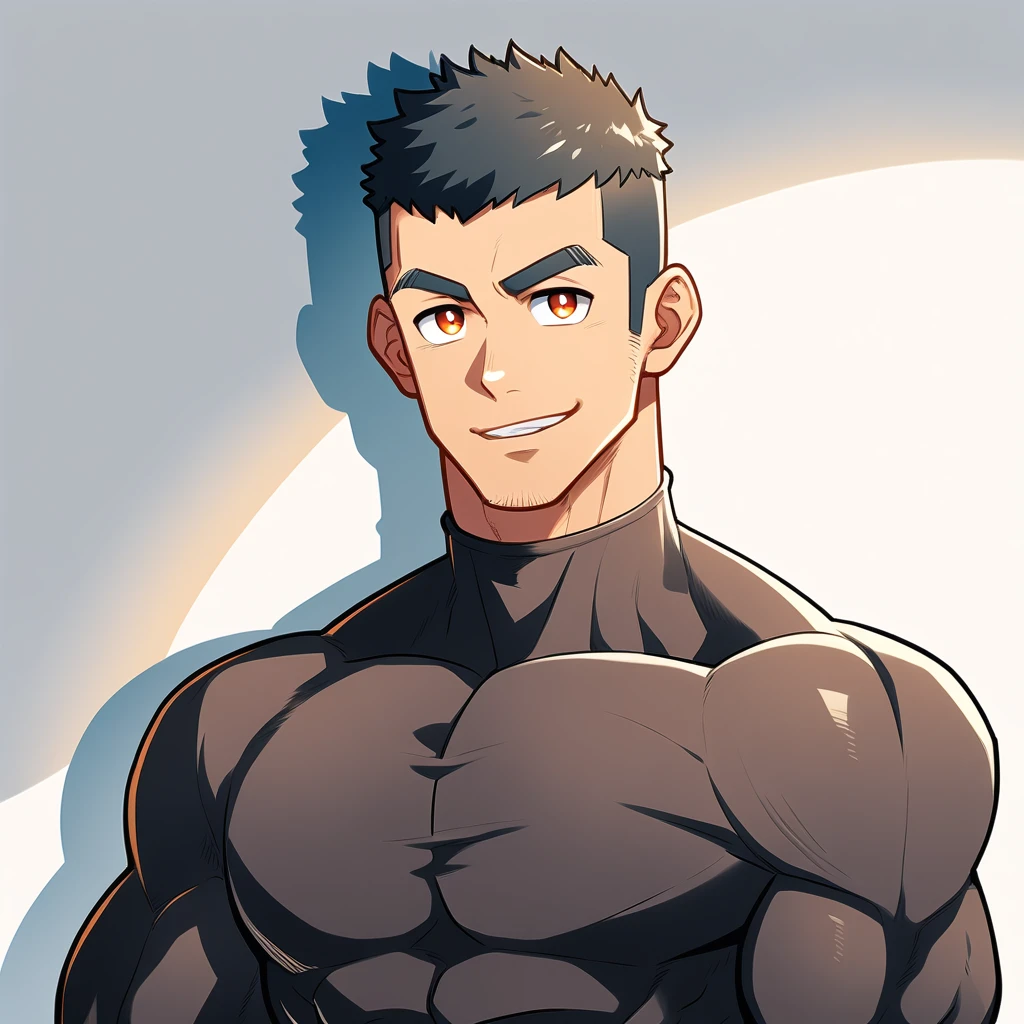 anime characters：Gyee, Muscle Sports Student, Manliness, male focus, Cute boy with big eyes, Mike White high collar long sleeve tight T-shirt, Slightly transparent material, Very tight, Round, full and perky chest muscles, Slightly transparent, muscular male, muscular, only, Upper body, alone, Black short hair, Thick eyebrows, stubble, Cute little eyes, Brown-red pupils, Grey background, simple background, amazing quality, best aesthetics, Ridiculous, crew cut, parted lips, seductive smile, torogao, naughty face, drop shadow, best quality