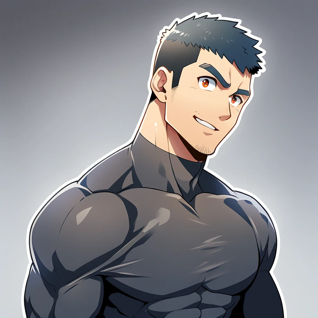 anime characters：Gyee, Muscle Sports Student, Manliness, male focus, Cute boy with big eyes, Mike White high collar long sleeve tight T-shirt, Slightly transparent material, Very tight, Round, full and perky chest muscles, Slightly transparent, muscular male, muscular, only, Upper body, alone, Black short hair, Thick eyebrows, stubble, Cute little eyes, Brown-red pupils, Grey background, simple background, amazing quality, best aesthetics, Ridiculous, crew cut, parted lips, seductive smile, torogao, naughty face, drop shadow, best quality