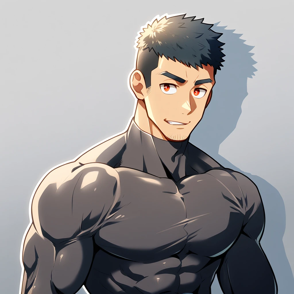 anime characters：Gyee, Muscle Sports Student, Manliness, male focus, Cute boy with big eyes, Mike White high collar long sleeve tight T-shirt, Slightly transparent material, Very tight, Round, full and perky chest muscles, Slightly transparent, muscular male, muscular, only, Upper body, alone, Black short hair, Thick eyebrows, stubble, Cute little eyes, Brown-red pupils, Grey background, simple background, amazing quality, best aesthetics, Ridiculous, crew cut, parted lips, seductive smile, torogao, naughty face, drop shadow, best quality