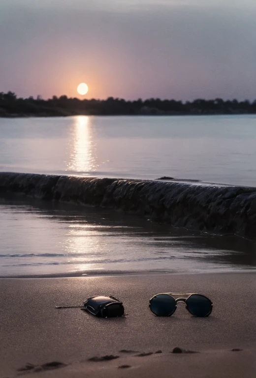 a low angle shot of a pair of sunglasses on the sand of a beach, waves in the background, full moon night, the sunglasses reflecting the moon, black and white lineart, high contrast, dramatic lighting, cinematic, minimalist, detailed texture, intricate design, moody atmosphere, photorealistic, 8k, masterpiece