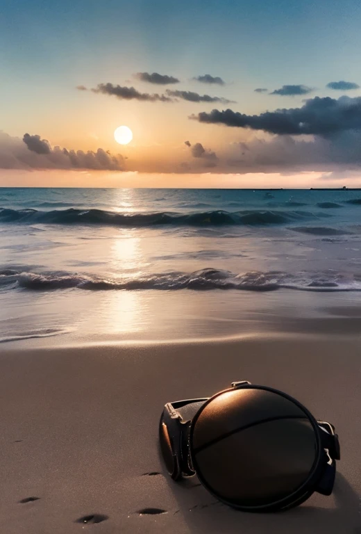 a low angle shot of a pair of sunglasses on the sand of a beach, waves in the background, full moon night, the sunglasses reflecting the moon, black and white lineart, high contrast, dramatic lighting, cinematic, minimalist, detailed texture, intricate design, moody atmosphere, photorealistic, 8k, masterpiece