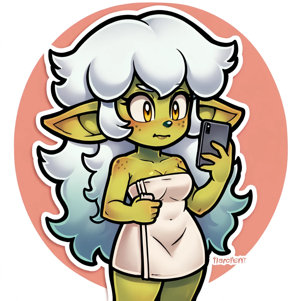 (score_9, score_8_up), sonic (series), goblin girl, short stack, green skin, white hair, wavy hair, long hair, medium breasts, wrapped in towel, freckles, yellow eyes, yor forger, holding phone