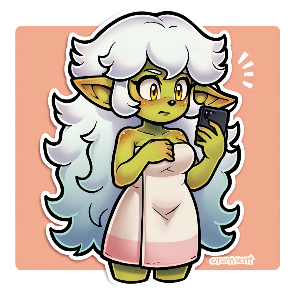 (score_9, score_8_up), sonic (series), goblin girl, short stack, green skin, white hair, wavy hair, long hair, medium breasts, wrapped in towel, freckles, yellow eyes, yor forger, holding phone